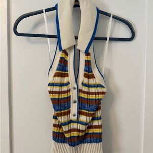 Veronica Beard Cream, Blue, Brown, Yellow Striped Knit Halter Top